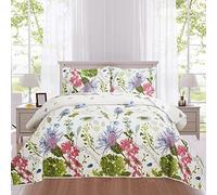 Ycosy Set copriletto reversibile con motivo floreale, leggero, blu, viola, fiordalisi, foglie verdi, per tutte le stagioni, 1 trapunta + 2 federe per cuscini, king size (243,8 x 274,3 cm)