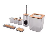 Yctze Accessori per il Bagno di bambù SET 7 Pezzi - Scatola di Sapone, Supporto per Spazzolino, Spazzola per Servizi Igienici, Bidoni della Spazzatura e Altro - Elegante Casa e Elementi Essenziali