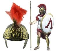 Yctze Accessorio per Costume Cosplay Elmo Romano Dorato Guerriero, Elmo in Plastica con Pettine Rosso e Piume, per Feste a Tema con Design Vintage, Ideale per Feste a Tema e Carnevali, 25x19x23 Cm