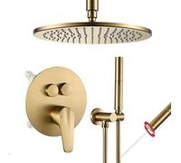 YCVAWEOD Luxury da 10 Pollici di Doccia a Pioggia Set soffitto in Ottone Montato con Pulsante deviatore 2 in 1 Sistema Doccia Elegante Finitura Oro Spazzolata per Esperienza Spa LWX