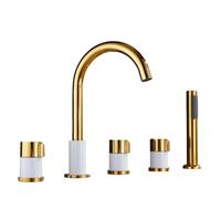 YCVAWEOD Set di soffione, rubinetti da Bagno Gold Bath Discia Mixer Picket Valvola a 360 Gradi Tocca Doppia Leva Tiro Fuori Tocca 5 Hole Tocca, Oro+Bianco LWX