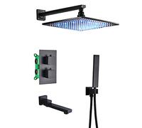 YCVAWEOD Sistema di Doccia termostatica Opaca Nera, Pioggia a Pioggia a LED con Doccia a Mano, Set di rubinetti da Bagno Montato a Parete, Tocco del Mixer per la Doccia da Bagno, 8 Pollici LWX
