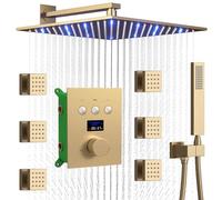 YCVAWEOD Sistema Doccia Testa Spazzolata Oro Set di rubinetti Set LED da 12 Pollici Termostatico con valvola di visualizzazione della Temperatura dell'Acqua e Kit di Rivestimento 6 Pezzi Boppi Set da