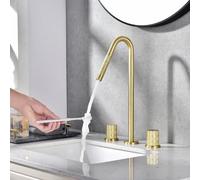 YCVAWEOD Tocca del Mixer da Bagno 3 Fori 360 ° Rotazione rubinetti a Collo di aonaco per Doppia Leva del Bagno, Oro Spazzolato LWX