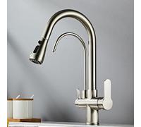 YCVAWEOD Tocca della Cucina a 3 Vie con Filtro dell'Acqua e Tira Fuori Spray 2 Manici per Manici per Il lavandino da Cucina 1 Foro Finitura cromata Girevole LWX