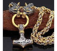 YCYR Gioielli A Ciondolo di Thor Vichingo, Mitologia Norrena Collana Pagan Mjolnir, Uomini Vintage Vintage Lupo Fatto A Mano Testa Bizantina Catena Bizantina Amuleto,Mixed Gold,60CM