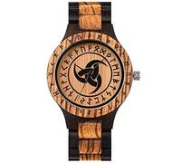 YCYR Orologio da Uomo in Legno di bambù Vichingo, Runa Mitologia Norrena Doppio Colore Abbinato Orologi al Quarzo Fatti a Mano Vintage Gioielli Regalo con Cinturino Regolabile,Horn of Odin