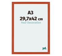 yd. Your Decoration - Cornice A3 29.7x42 cm - Cornice Decorativa Parete in Legno con Vetro in acryl - Antiriflesso - Ottima Qualità - Arancione - Mura