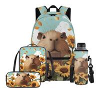 YDFISH Capybara - Zaino per bambini con girasole per ragazze 7-8 8-9 grande borsa per libri con scatola per il pranzo, borsa per matite, portapenne, porta bottiglia d'acqua, set di 4 borse per la
