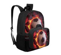 YDFISH Set di 2 zaini per la scuola per bambini con borsa per il pranzo in poliestere per libri per scuola, viaggi, sport, Fuoco Calcio, M, Classico