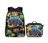 YDFISH Set di zaino da 2 pezzi con borsa per libri e portapranzo, per ragazzi e bambini, con tracolla regolabile, per studenti scolastici, Trattore Blu, M, Classico