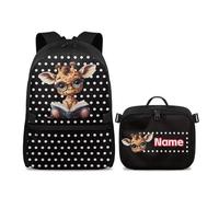 YDFISH Set di zaino da 2 pezzi con borsa per libri e portapranzo, per ragazzi e bambini, con tracolla regolabile, per studenti scolastici, Aggiungi Nome Giraffe Polka Dot, M, Classico