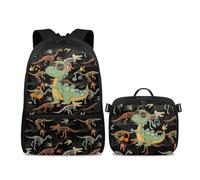 YDFISH Set di zaino da 2 pezzi con borsa per libri e portapranzo, per ragazzi e bambini, con tracolla regolabile, per studenti scolastici, Musica Dinosauro Verde, M, Classico