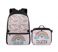 YDFISH Simpatico zaino per la scuola 2 pezzi Set di borse per la scuola per ragazze Borsa per bambini con scatola per il pranzo per studenti Zaino da viaggio, Aggiungi Nome Rainbow, M, Classico
