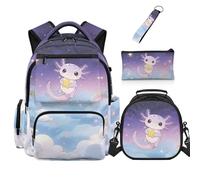 YDFISH Zaino per la scuola Bambini Ragazze Bookbag e Lunch Box Set 4 in 1 Ragazze Borse di Scuola per Bambini 6-8 8-10 Casual Book Bag, Star Cloud Axolotl, M, Classico