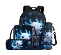 YDFISH Zaino scolastico per ragazzi dai 4 agli 8 anni, leggero, con borsa per il pranzo, 4 pezzi, set di libri per bambini per la scuola, Bolla Axolotl, M, Classico