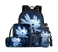 YDFISH Zaino scolastico per ragazzi dai 4 agli 8 anni, leggero, con borsa per il pranzo, 4 pezzi, set di libri per bambini per la scuola, Axolotl Bianco, M, Classico
