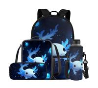 YDFISH Zaino scolastico per ragazzi dai 4 agli 8 anni, leggero, con borsa per il pranzo, 4 pezzi, set di libri per bambini per la scuola, Carino Axolotl Blu, M, Classico