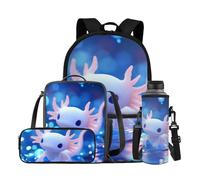 YDFISH Zaino scolastico per ragazzi dai 4 agli 8 anni, leggero, con borsa per il pranzo, 4 pezzi, set di libri per bambini per la scuola, Axolotl Incandescente, M, Classico
