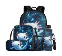 YDFISH Zaino scolastico per ragazzi dai 4 agli 8 anni, leggero, con borsa per il pranzo, 4 pezzi, set di libri per bambini per la scuola, Axolotl oceano, M, Classico