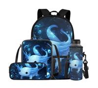 YDFISH Zaino scolastico per ragazzi dai 4 agli 8 anni, leggero, con borsa per il pranzo, 4 pezzi, set di libri per bambini per la scuola, Blu Carino Axolotl, M, Classico
