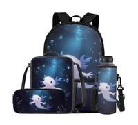 YDFISH Zaino scolastico per ragazzi dai 4 agli 8 anni, leggero, con borsa per il pranzo, 4 pezzi, set di libri per bambini per la scuola, Axolotl Oceano, M, Classico