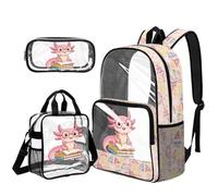 YDFISH Zaino trasparente da 17 pollici per ragazze della scuola 3 pezzi trasparente Bookbag set per bambini carino PVC trasparente borsa da scuola, Leggi Libri Axolotl, L, Classico