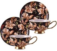 YDHSIKK Set di tazze e piatti Tazze da tè floreali da 7,5 once con finiture dorate, piattini e cucchiaio, tazze da latte, servizio for 2, marrone(Brown Two Pack)