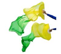 YDHSIKK Ventaglio di Danza del Ventre, Veli di Seta Veri 1 Paio Fatti a Mano da Donna in Seta da Ballo Giallo + Verde(L)
