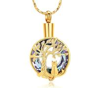 Ydmwannx Collana con urna a forma di albero della vita, per ceneri di gatto, gioielli per cremazione, ricordo con ciondolo a cerchio di cristallo per animali domestici, regalo funebre commemorativo