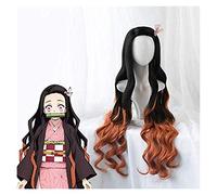 ydound 2022 Cos Wig Anime Kamado Nezuko Cosplay Parrucca Lama del Demone Slayer Kimetsu No Yaiba Halloween Anime Capelli Ricci Misto Nero Marrone + Protezione della Parrucca KEEBON