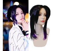 ydound 2022 Cos Wig Kochou Shinobu Cosplay Parrucca Corta Nera Viola Donne Ragazze Anime Halloween Parrucca Coda di Cavallo (Kochou Shinobu Parrucca Nera Viola)