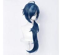 ydound 2022 Cos Wig Parrucca Coda di Cavallo Blu for Kaeya Genshin Impact Gioco di Ruolo Parrucche for Capelli Ricci Ricci Anime Cosplay con Treccia Bangs + cap