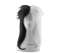 ydound 2022 Deville Cruella de Vil Parrucche Cosplay Mezza Bianco Mezzo Black Capelli Sintetici Capelli Sintetici + Cappuccio Parrucca
