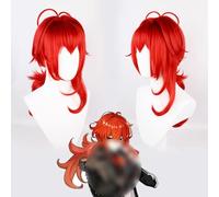 ydound 2022 Parrucca Genshin Impact, Parrucca Diluc for Cosplay Anime, Parrucca Riccia Rossa con Cappuccio for Parrucca Gratuito, for Halloween, Feste, Carnevale, Vita Notturna, Concerti, Matrimoni