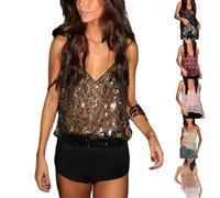 Ydsxlp Top da donna senza maniche con paillettes con scollo a V e paillettes scintillanti gilet in rete patchwork scintillante canotte con glitter top da donna canotte luccicanti tunica magliette per