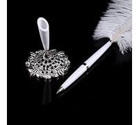 YDuupxe Penna d'oca in Piume di Struzzo, Elegante Penna Bianca con Supporto in Oro e Argento per Matrimoni, Strumento di Firma Unico per Libri degli Ospiti e Cerimonie (Base Argento)