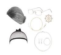 yeabwps Parrucca da donna, 8 pezzi, costume da nonna, costume da nonna, occhiali da vecchia, catenine, perle finte, accessorio per Halloween e cosplay