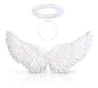 YeahBoom Ali d'angelo bianche, 60 cm, ali d'angelo con piume con aureola | Costume da ali d'angelo da donna, ali d'angelo, ali d'angelo, ali di piume, per feste di carnevale, decorazione per feste in