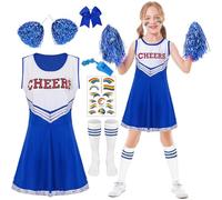 YeahBoom Cheerleader Costume Bambina,Vestito Cheerleader Bambina,Uniforme da Cheerleader Bambini con Pompon,Calzini e Accessori per Capelli,Fischietto,per Carnevale Evento Sportivo Cosplay (Blu, 140)