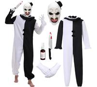 YeahBoom Costume Clown Horror Uomo, Art The Clown Costume per adulti, Tuta Bianca Nera, Maschera Cappello Clown Terrifier, Guanti coltello finto, per Halloween Carnevale (L)