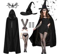 YeahBoom Costume Strega Halloween, Mantello Nero con Cappello da Strega Donna, Unghie Lunghe, Maschera in Pizzo, Guanti, Costume Donna per Carnevale, Carnevali e Feste a Tema, Halloween (Set 1)