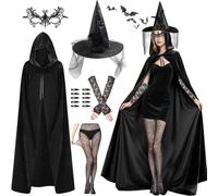 YeahBoom Costume Strega Halloween, Mantello Nero con Cappello da Strega Donna, Unghie Lunghe, Maschera in Pizzo, Guanti, Costume Donna per Carnevale, Carnevali e Feste a Tema, Halloween (Set 2)
