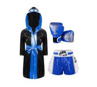YEAHDOR 3 Pezzi Costume da Pugile Bambini Cappotto da Pugile con Cappuccio Accappatoio + Pantaloncini da Boxe + Guanti da Boxe Abbigliamento da Arti Marziali Blu bianco A 15-16 anni