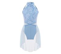 YEAHDOR Abito da Pattinaggio Artistico Bambina Senza Maniche Leotards Chiffon Vestito da Ballo Balletto Danza Lirica Contemporanea Body Ginnastica Artistica Samba Jazz Dancewear Azzurro 9-10 Anni