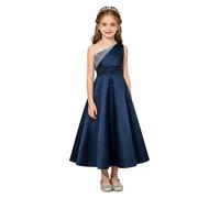 YEAHDOR Bambina Vestito Concorso Principessa con Solo Spallo Vestito Formale Vestiti Battesimo La Prima Comunione Cerimonia Chiffon Pasqua Blu Navy 11-12 Anni
