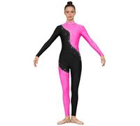 YEAHDOR Body da Danza Classica Donna Manica Lunga Tuta Intera da Pattinaggio Artistico Paillettes Body da Balletto Overall Jumpsuit da Allenamento Yoga Rosa scuro XL