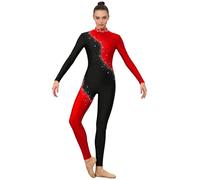 YEAHDOR Body da Danza Classica Donna Manica Lunga Tuta Intera da Pattinaggio Artistico Paillettes Body da Balletto Overall Jumpsuit da Allenamento Yoga Rosso L