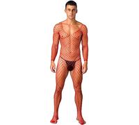 YEAHDOR Bodystocking Uomo Sexy Body Trasparente in Rete Completino Intimo Sissy Lingerie a Fishnet Collant Erotico Biancheria Intima Clubwear Camicia da Notte Rosso Taglia Unica