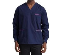 YEAHDOR Casacca Unisex da Operatore Sanitario Scollo a V T-Shirt Manica Corta con Tasche Camice da Laboratorio per Medici Infermieri e Professioni Sanitarie Blu Scuro L